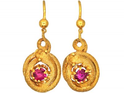 Victorian 15ct Gold Snake Earrings set with Rubies