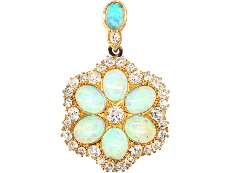 Edwardian 15ct Gold, Opal & Diamond Cluster Pendant