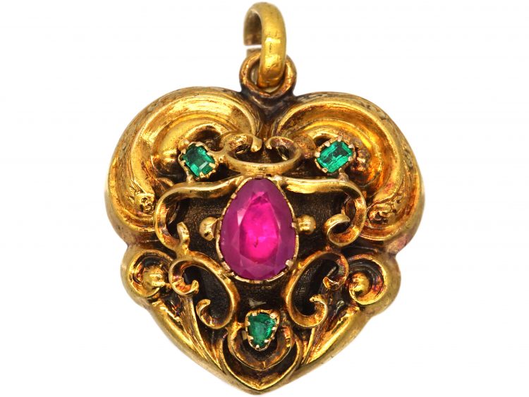 Regency 15ct Gold, Ruby & Emerald Heart Pendant with Glazed Locket on the Reverse