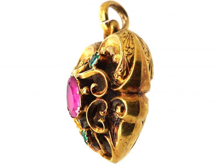 Regency 15ct Gold, Ruby & Emerald Heart Pendant with Glazed Locket on the Reverse