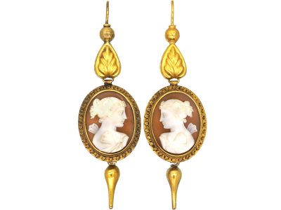 Victorian 15ct Gold Earrings set with Carved Shell Cameos of Psyche