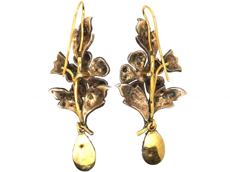 Victorian Gold & Silver Drop Flower Earrings set with Natural Split Pearls & Turquoise