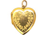 Edwardian 9ct Gold Back & Front Heart Locket with Engraved Basket & Rose Detail