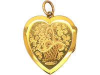 Edwardian 9ct Gold Back & Front Heart Locket with Engraved Basket & Rose Detail