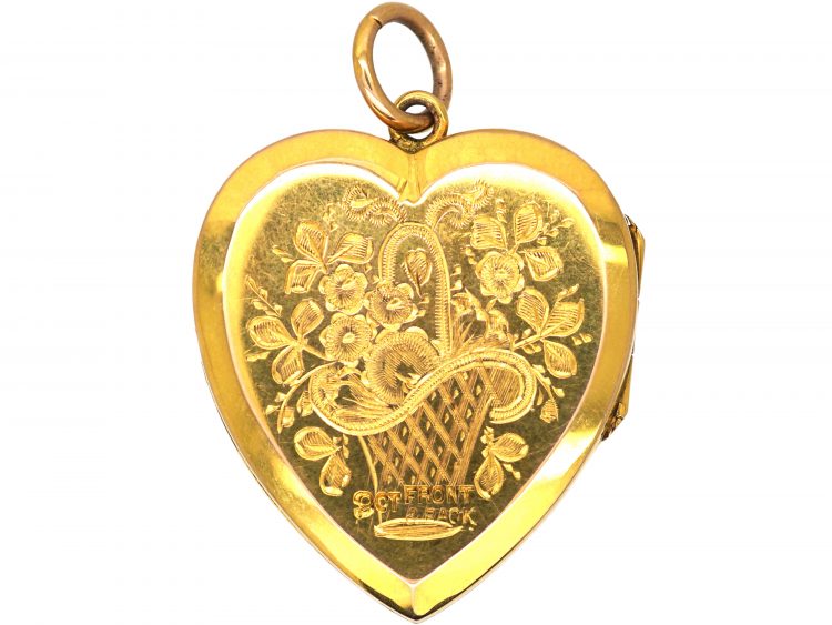 Edwardian 9ct Gold Back & Front Heart Locket with Engraved Basket & Rose Detail