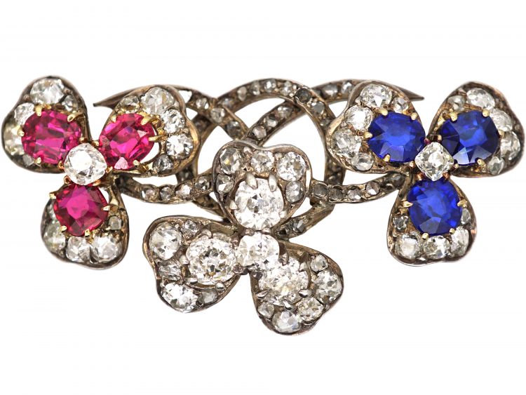Edwardian Triple Three Leaf Clover Brooch set with Diamonds, Sapphires & Rubies