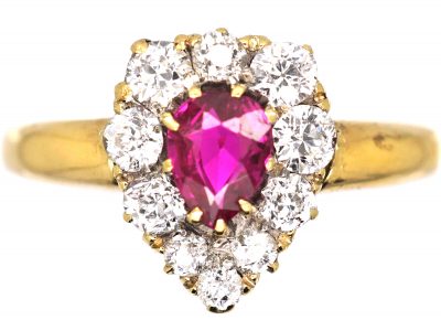 Edwardian 18ct Gold, Ruby & Diamond Pear Shaped Ring