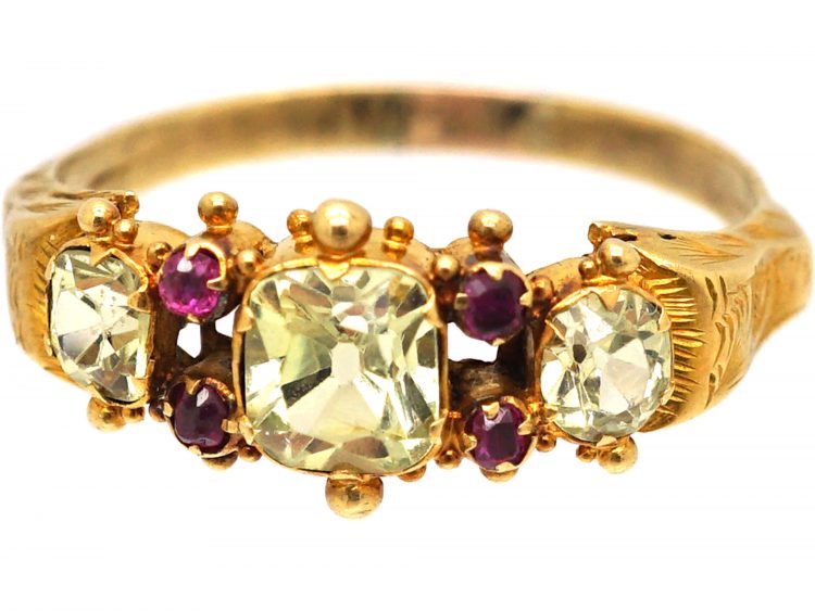 Regency 15ct Gold, Three Stone Chrysolite & Ruby Ring