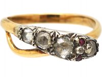Georgian 15ct Gold & Silver, Rose Diamond Snake Ring with Ruby Eyes