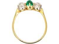 French Early 20th Century 18ct Gold Ring set with a Cabochon Emerald & Two Diamonds