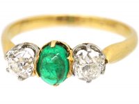 French Early 20th Century 18ct Gold Ring set with a Cabochon Emerald & Two Diamonds