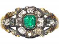Georgian 15ct Gold, Emerald & Diamond Cluster Ring with Diamond Set Shoulders