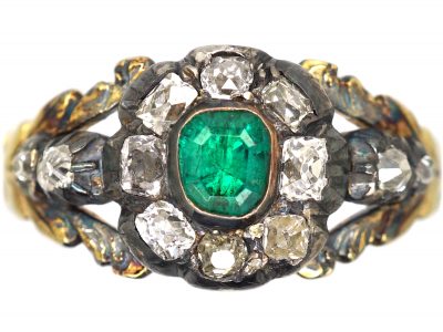 Georgian 15ct Gold, Emerald & Diamond Cluster Ring with Diamond Set Shoulders