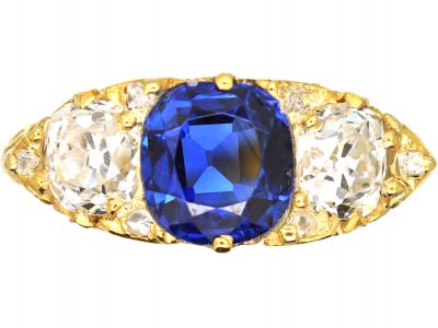 Victorian 18ct Gold Sapphire & Diamond Three Stone Carved Half Hoop Ring