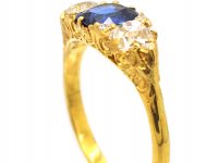 Victorian 18ct Gold Sapphire & Diamond Three Stone Carved Half Hoop Ring