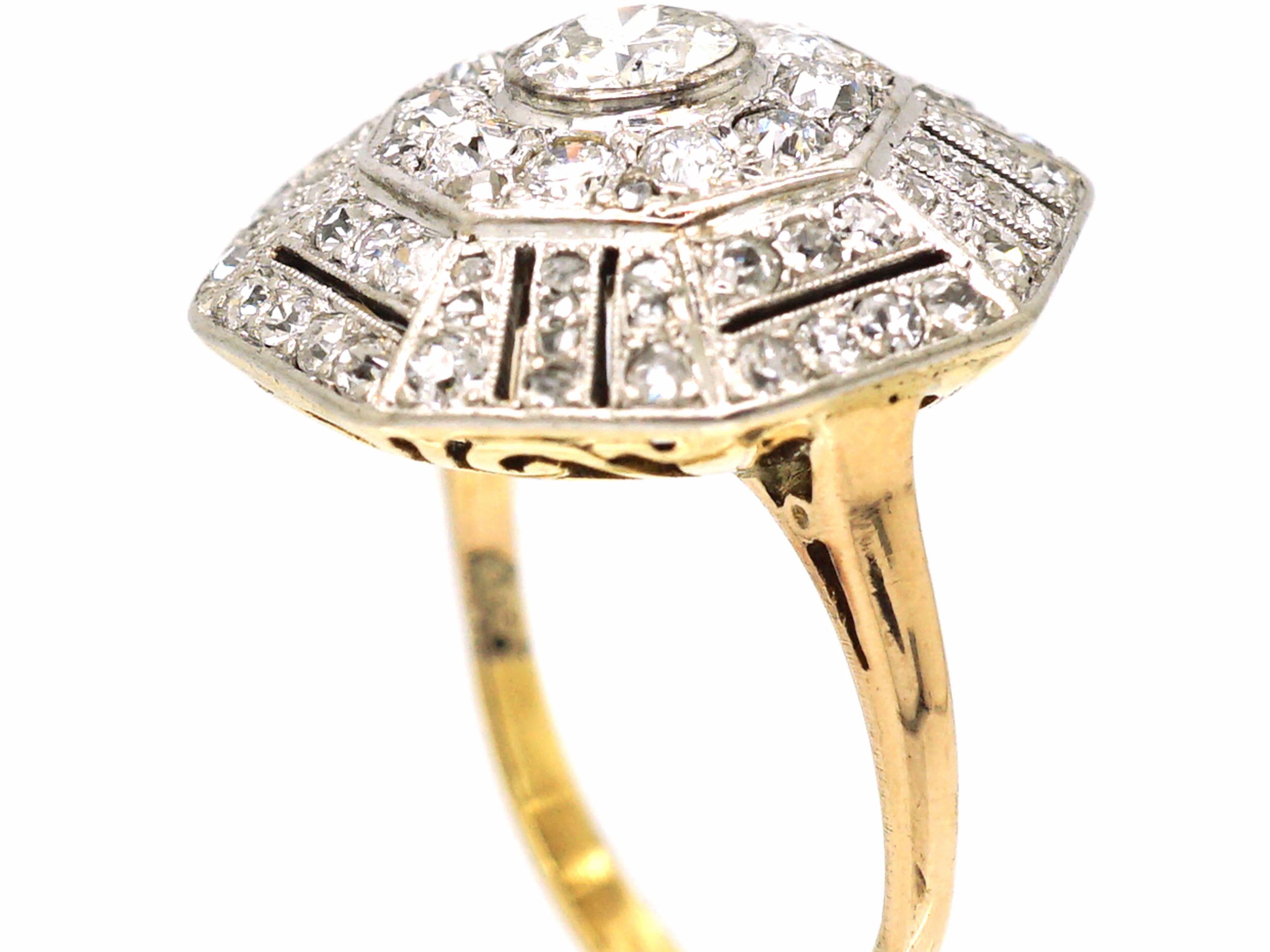 Art Deco 18ct Gold And Platinum Large Octagonal Shaped Ring Set With Diamonds 731w The Antique