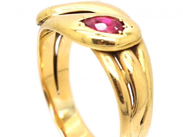 Victorian 18ct Gold Snake Ring set with Two Pear Shaped Rubies