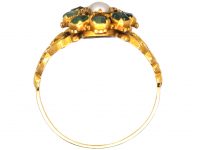 Regency 15ct Gold, Emerald & Natural Split Pearl Flower Cluster Ring with Ornate Shoulders