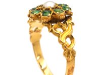Regency 15ct Gold, Emerald & Natural Split Pearl Flower Cluster Ring with Ornate Shoulders
