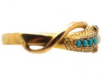 Early Victorian 15ct Gold Snake Ring set with Turquoise, Natural Split Pearl & Cabochon Emerald Eyes