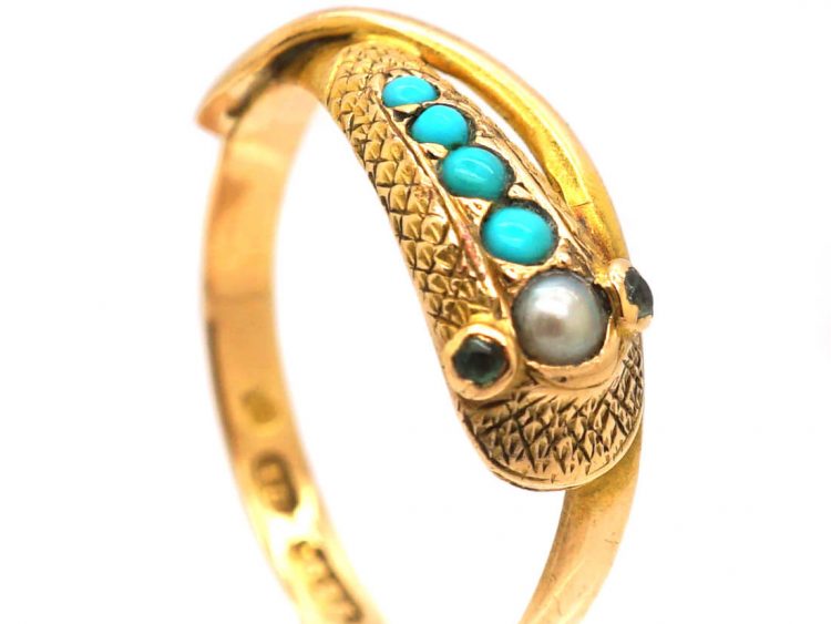 Early Victorian 15ct Gold Snake Ring set with Turquoise, Natural Split Pearl & Cabochon Emerald Eyes