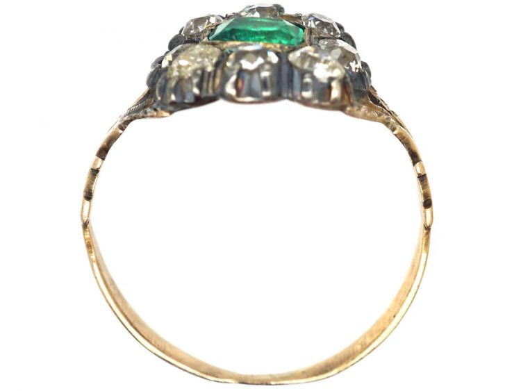 Georgian 9ct Gold & Silver, Emerald & Diamond Cluster Ring