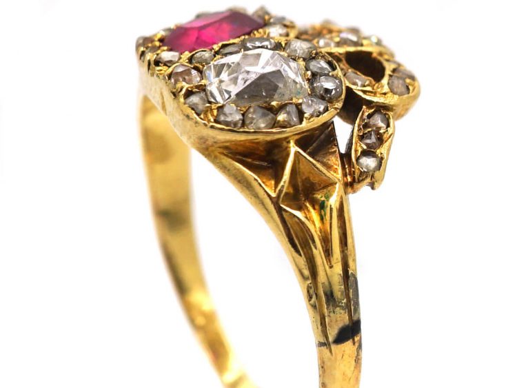 Victorian 18ct Gold Ruby & Diamond Double Heart Ring with Bow Top