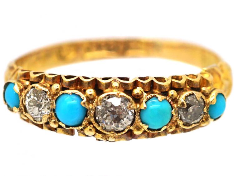 Victorian 15ct Gold, Turquoise & Diamond Seven Stone Ring