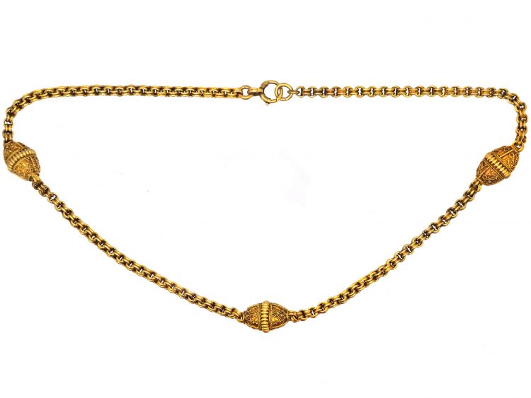 Victorian 15ct Gold Chain Interspersed with Three Oval Etruscan Revival Sections
