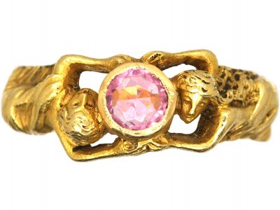 French Art Nouveau 18ct Gold Ring with Two Figures set with a Pink Tourmaline