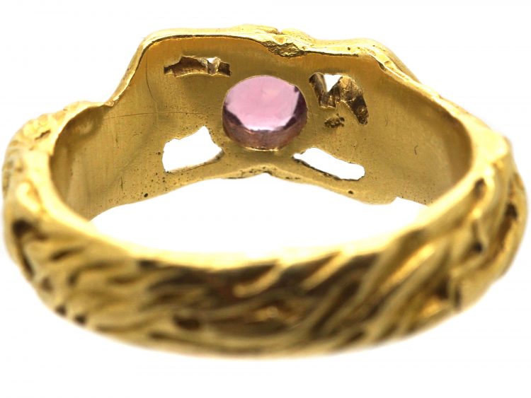 French Art Nouveau 18ct Gold Ring with Two Figures set with a Pink Tourmaline