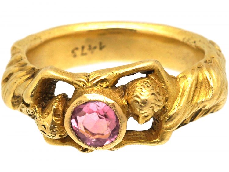 French Art Nouveau 18ct Gold Ring with Two Figures set with a Pink Tourmaline