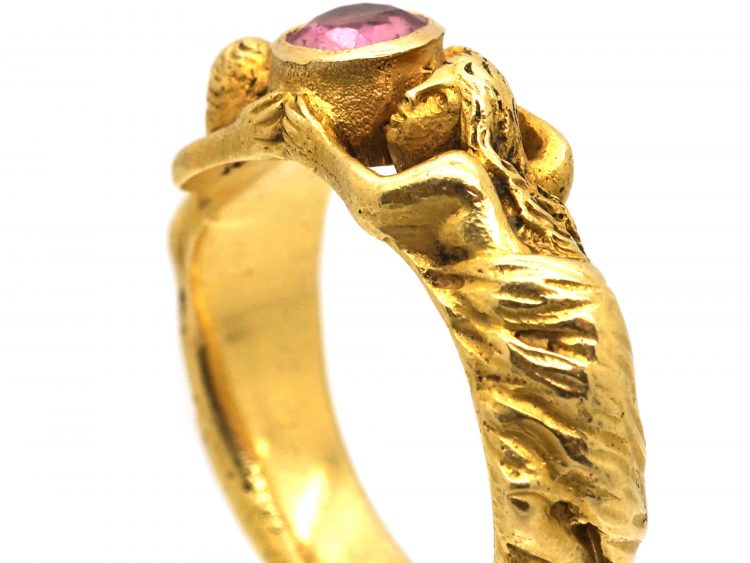 French Art Nouveau 18ct Gold Ring with Two Figures set with a Pink Tourmaline