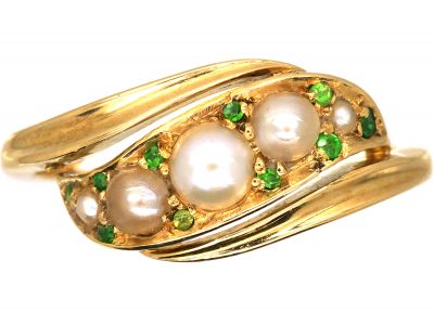 Edwardian 18ct Gold Crossover Ring set with Natural Pearls & Green Garnets