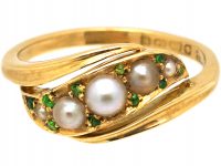 Edwardian 18ct Gold Crossover Ring set with Natural Pearls & Green Garnets