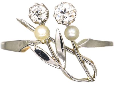 Art Nouveau 18ct Gold & Platinum, Two Flowers Ring set with Diamonds & Natural Pearls