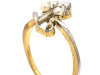 Art Nouveau 18ct Gold & Platinum, Two Flowers Ring set with Diamonds & Natural Pearls