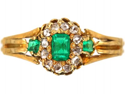 Victorian 18ct Gold, Emerald & Diamond Cluster Ring