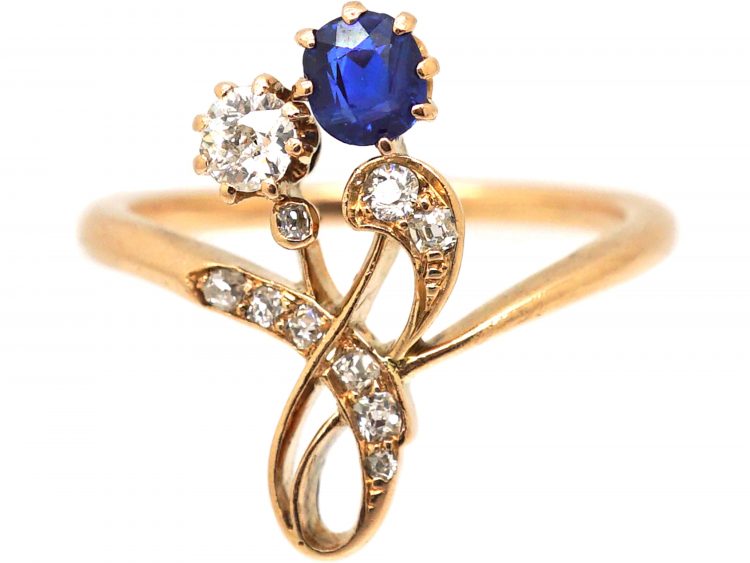 Art Nouveau 14ct Gold Flower Ring set with a Sapphire & Diamonds