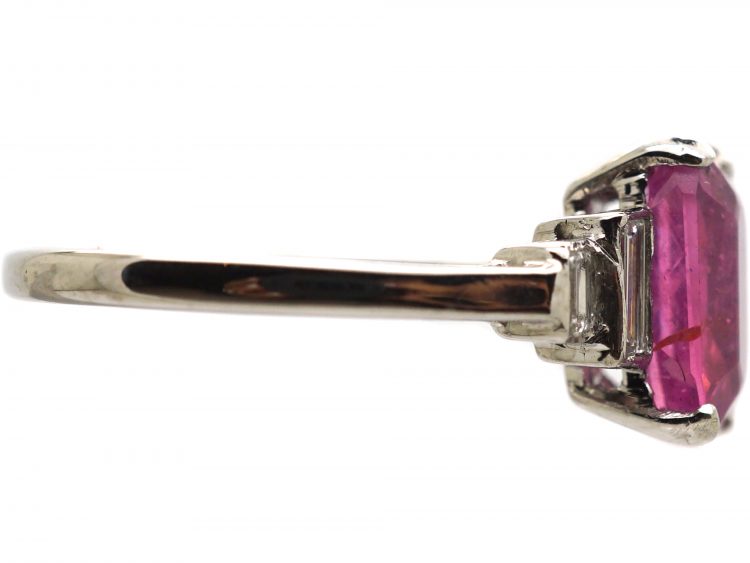 Art Deco Platinum, Rectangular Cut Pink Sapphire & Diamond Ring