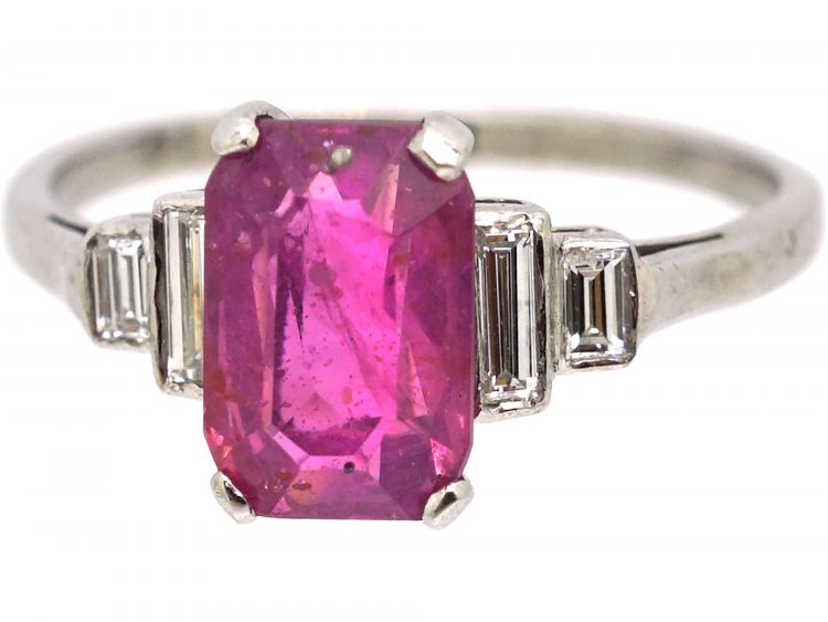 Art Deco Platinum, Rectangular Cut Pink Sapphire & Diamond Ring