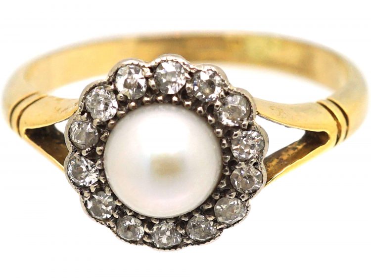 Edwardian 18ct Gold Cluster Ring set with a Natural Pearl & Diamonds
