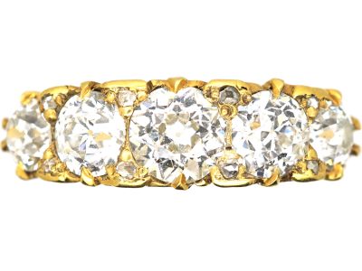 Victorian 18ct Gold, Carved Half Hoop Five Stone Diamond Ring