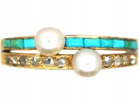 Early 20th Century 18ct Gold Ring set with Turquoise, Rose Diamonds & Natural Pearls