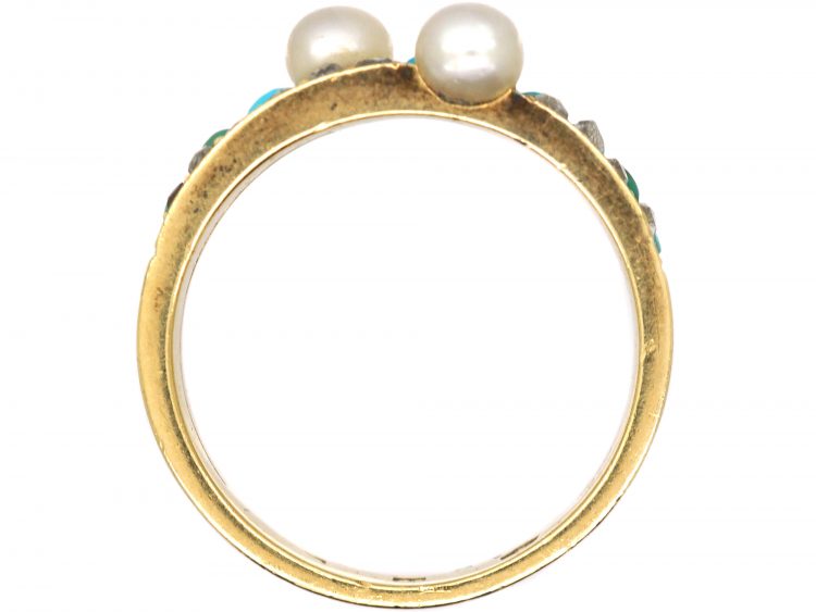 Early 20th Century 18ct Gold Ring set with Turquoise, Rose Diamonds & Natural Pearls