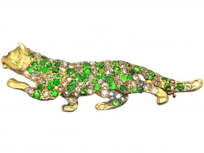 Edwardian 18ct Gold Leopard Brooch set with Rose Diamonds & Green Garnets with Ruby Eyes