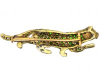 Edwardian 18ct Gold Leopard Brooch set with Rose Diamonds & Green Garnets with Ruby Eyes