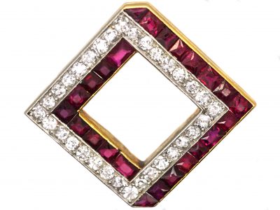 French Art Deco 18ct Gold & Platinum, Ruby & Diamond Tilted Square Brooch