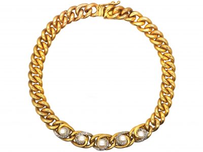 Edwardian 18ct Gold, Rose Diamond & Natural Pearl Bracelet