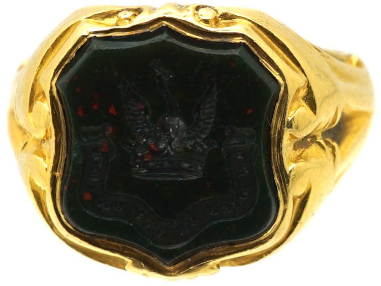 Victorian 18ct Gold Signet Ring with a Bloodstone Intaglio of a Peacock & Crown